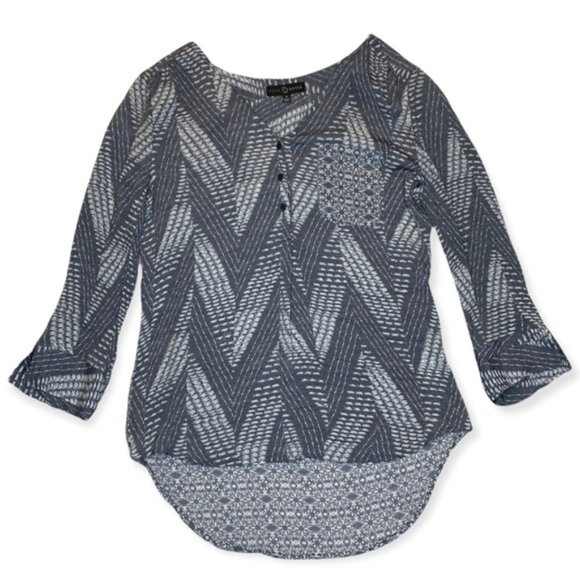 Fred David multi pattern half button down high low lightweight blouse size M - Picture 2 of 10